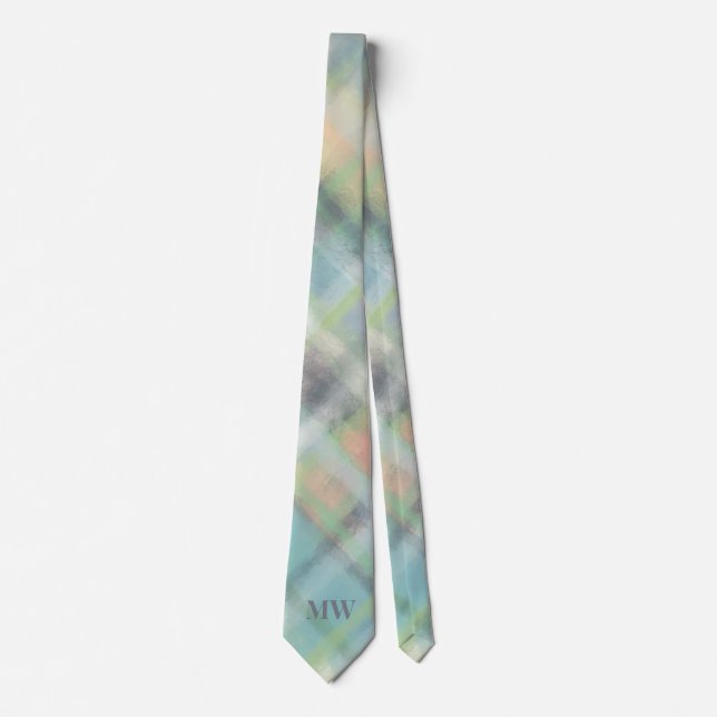 Pastel Monogram Green Teal Yellow Grey Plaid Check Tie (Front)
