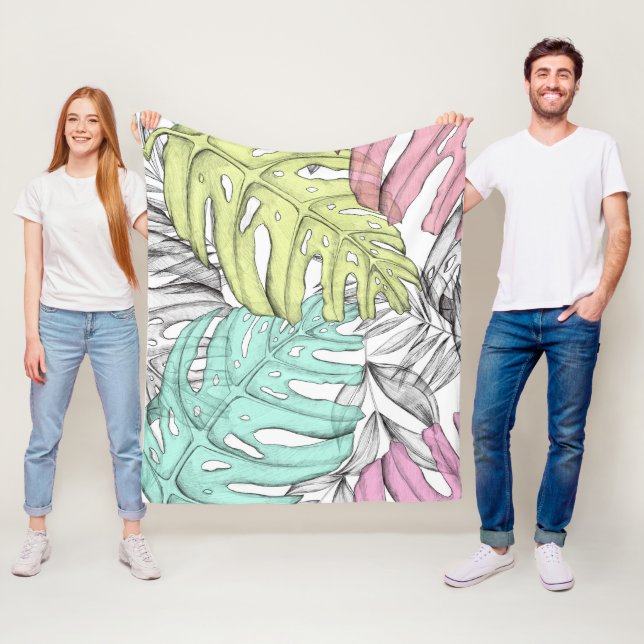 Pastel monstera palm leaf tropical watercolor  fleece blanket (In Situ)