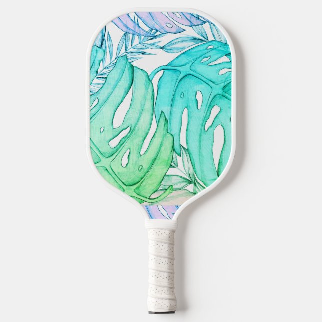 Pastel monstera palm leaf tropical watercolor  pickleball paddle (Front)