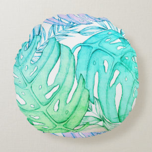 Pastel monstera palm leaf tropical watercolor  round cushion