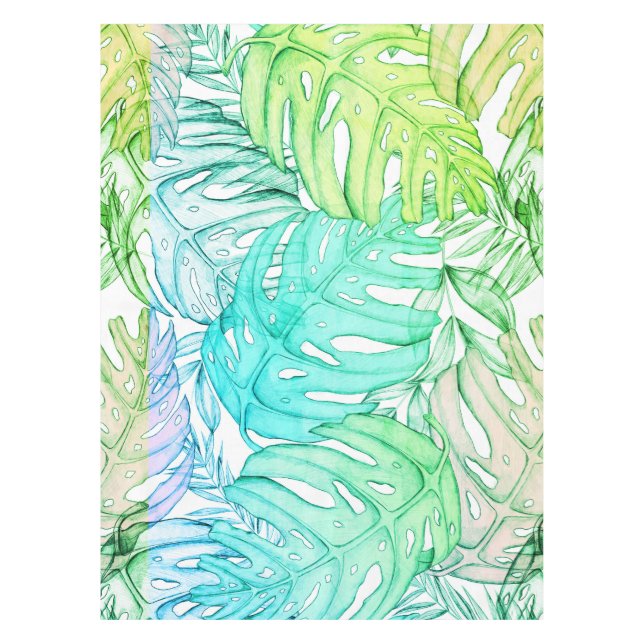 Pastel monstera palm leaf tropical watercolor  tablecloth (Front)