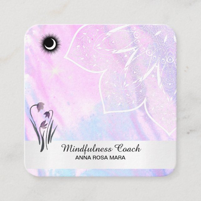 *~* Pastel Moon QR code Mandala Foil Flowers Square Business Card (Front)
