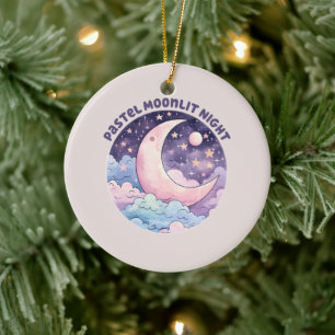 Pastel Moonlit Night – Dreamy Crescent Moon Ceramic Tree Decoration