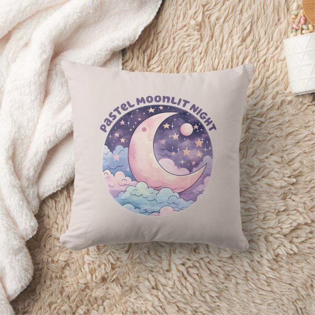 Pastel Moonlit Night – Dreamy Crescent Moon Cushion (Blanket)