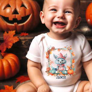 Pastel Name Cute Blue Fox Pumpkin Patch Halloween Baby Bodysuit