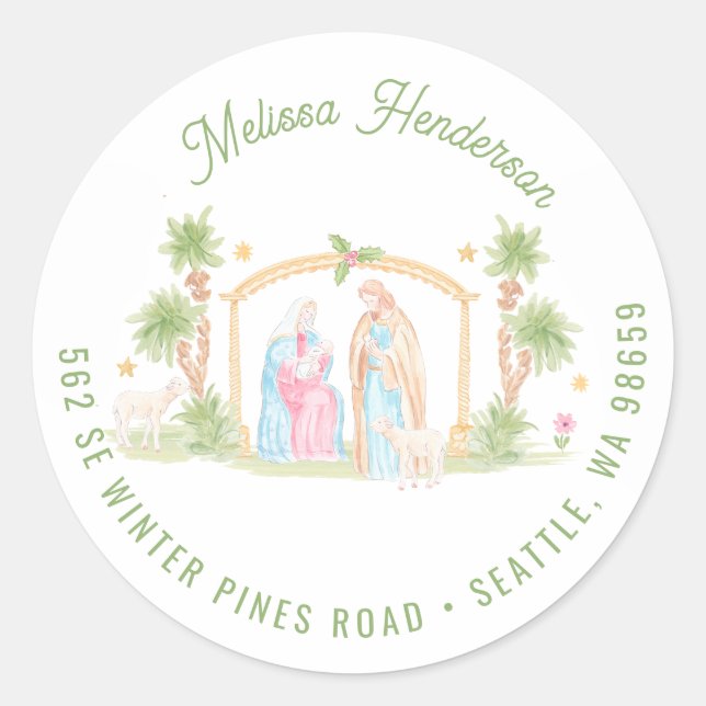 Pastel Nativity Christmas | Address Classic Round Sticker (Front)