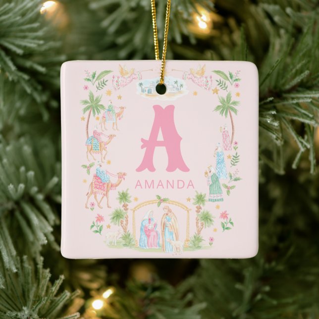Pastel Nativity Monogram Ceramic Ornament (Tree)