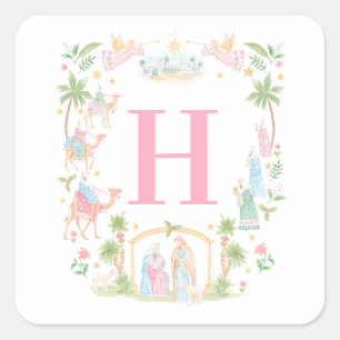 Pastel Nativity Monogram Square Sticker