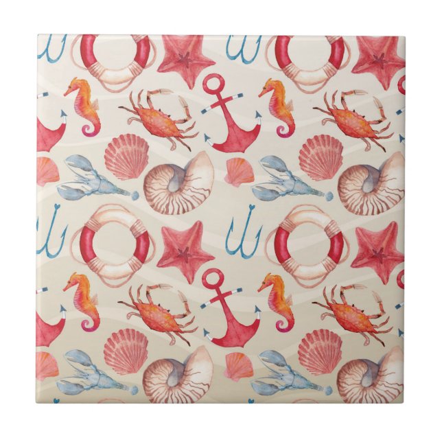 Pastel Nautical Seahorse Anchor Crab Shell lobster Tile (Front)