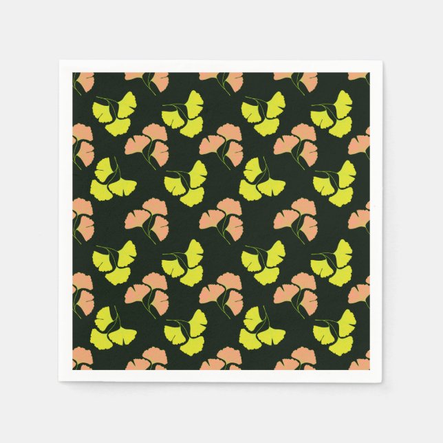 Pastel-Neon Ginko Leaves on Black Background Napkin (Front)