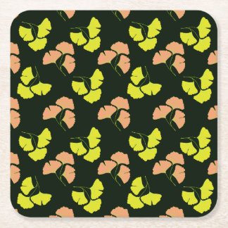 Pastel-Neon Ginko Leaves on Black Background Square Paper Coaster