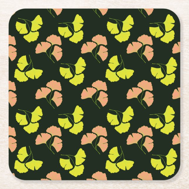 Pastel-Neon Ginko Leaves on Black Background Square Paper Coaster (Front)