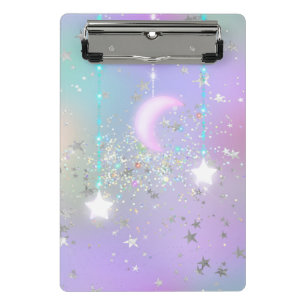 Pastel night sky glowing moon star glitter cute mini clipboard