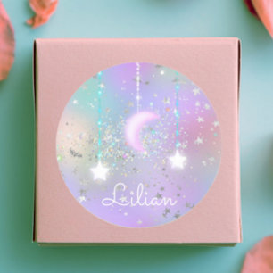 Pastel night sky glowing moon stars glitter cute  classic round sticker