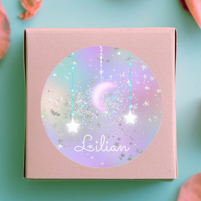 Pastel night sky glowing moon stars glitter cute  classic round sticker (Creator Uploaded)
