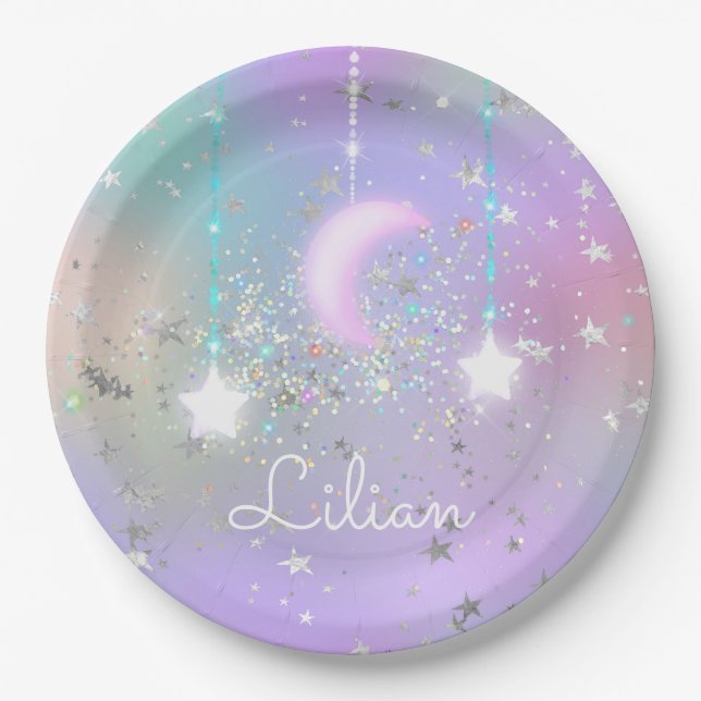 Pastel night sky glowing moon stars glitter cute paper plate (Front)