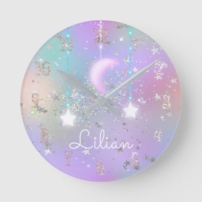 Pastel night sky glowing moon stars glitter cute  round clock (Front)