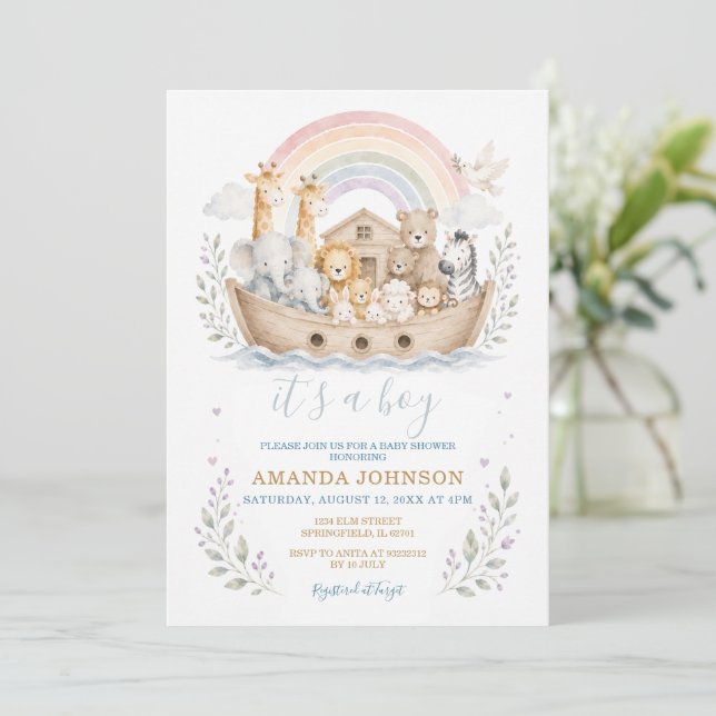 Pastel Noah's Ark Baby Shower Invitation (Standing Front)