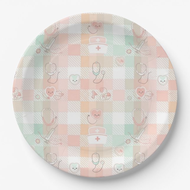 Pastel Nurse Life Chequered Pattern Paper Plate (Front)