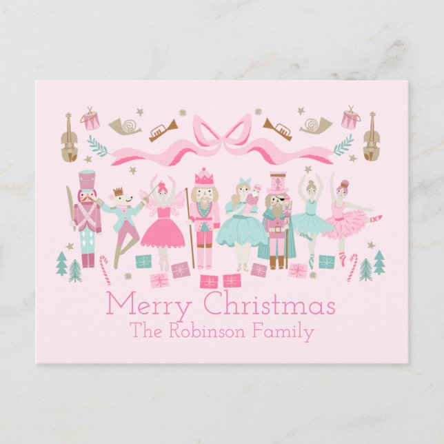 Pastel Nutcracker Ballet Pink Christmas Postcard (Front)