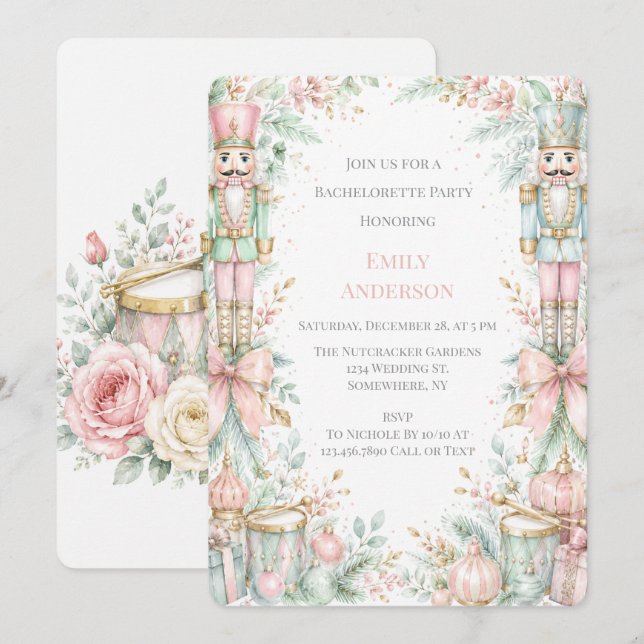 Pastel Nutcracker Christmas Bachelorette Party Invitation (Front/Back)