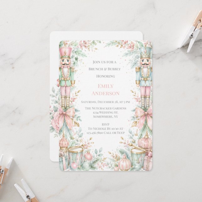 Pastel Nutcracker Christmas Brunch & Bubbly Invitation (Front/Back In Situ)