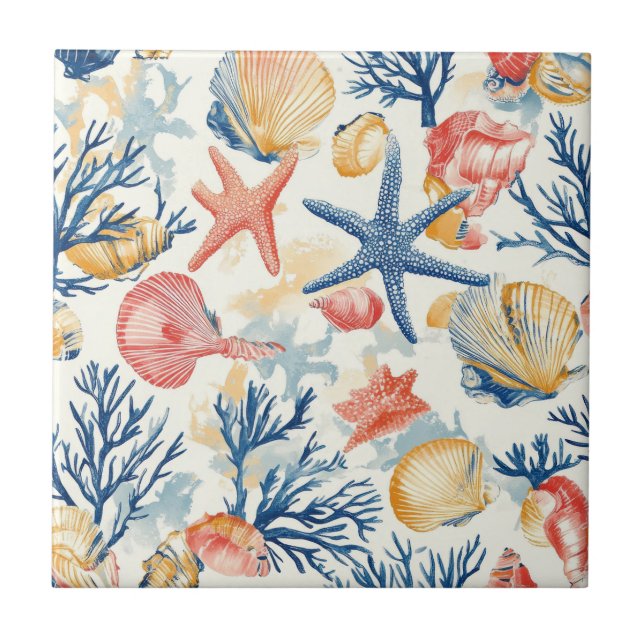 Pastel Ocean Shells with Delicate Coral Twigs Tile (Front)