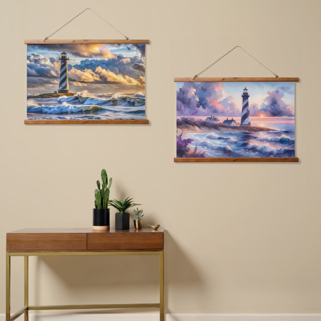 Pastel Ocean Skies with Lighthouse at Dusk Hanging Tapestry (Asymmetrical)