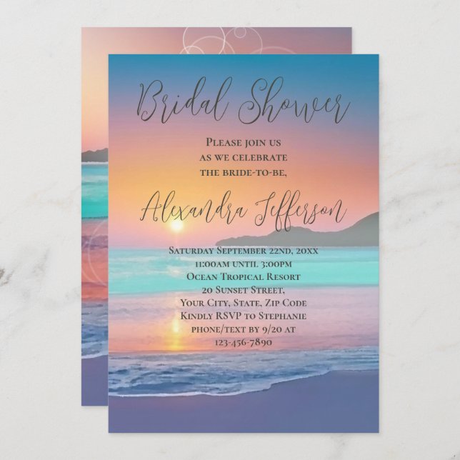 Pastel Ocean Sunset Beach Bridal Shower Invitation (Front/Back)