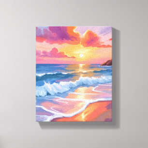 Pastel Ocean Sunset   Colorful Beach Painting  Canvas Print