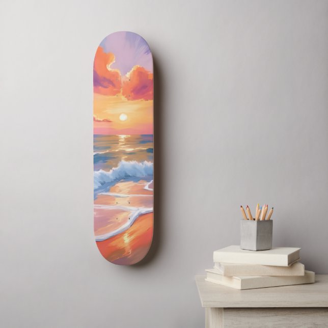 Pastel Ocean Sunset | Colourful Beach Painting  Skateboard (Wall Art)