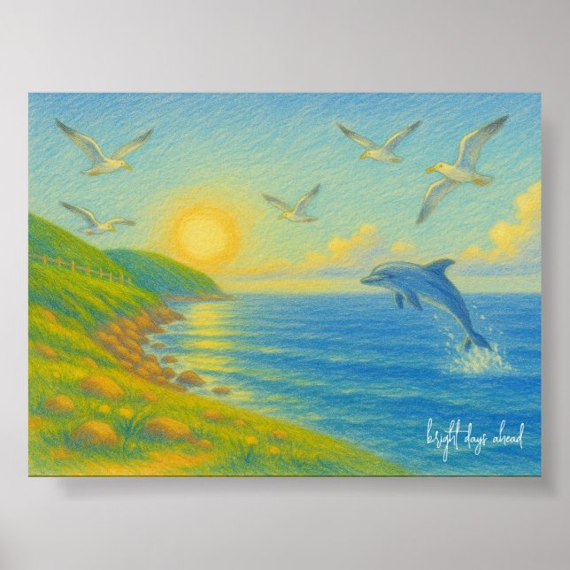 Pastel Ocean Sunset Landscape Painting Dolphin Poster (Front)