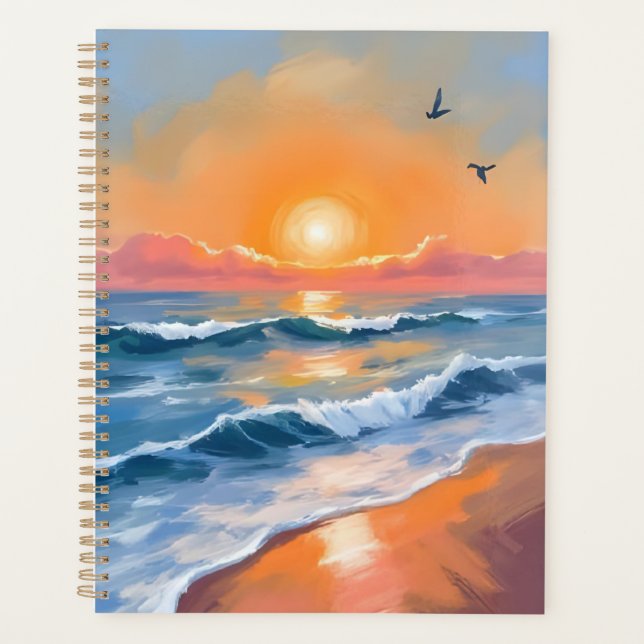 Pastel Ocean Sunset Watercolor Beach Painting Planner (Front)