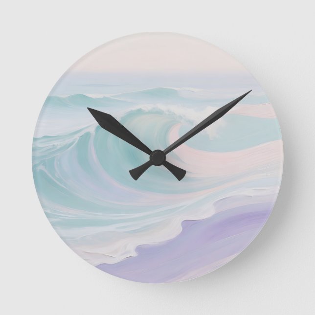 Pastel Ocean Wave Painting Round Clock (Front)