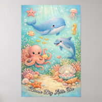 Pastel Ocean Whale Octopus Seahorse Blue Boy