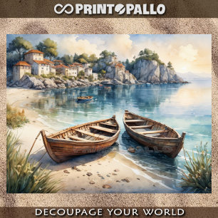 Pastel of 2 rawboats on the shore in costal view tissue paper