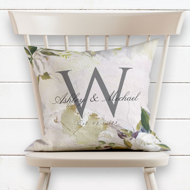Pastel Oils White Rose Monogram Wedding Keepsake Cushion (Creator Uploaded)