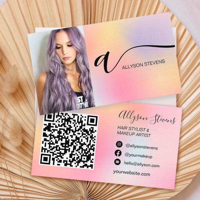Pastel ombre hair makeup photo initial qr code business card (Creator Uploaded)