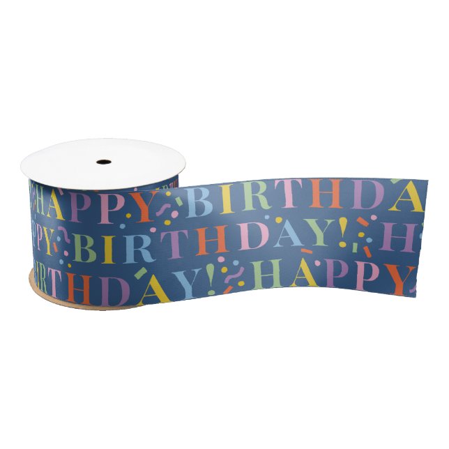 Pastel on Blue  Happy Birthday Text with Confetti Satin Ribbon (Spool)