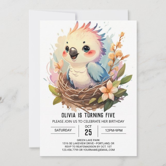  Pastel Online Bird Birthday Invitation (Front)