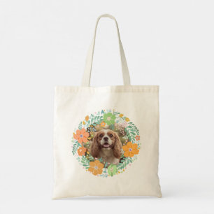 Pastel Orange Cavalier King Charles Spaniel Floral Tote Bag