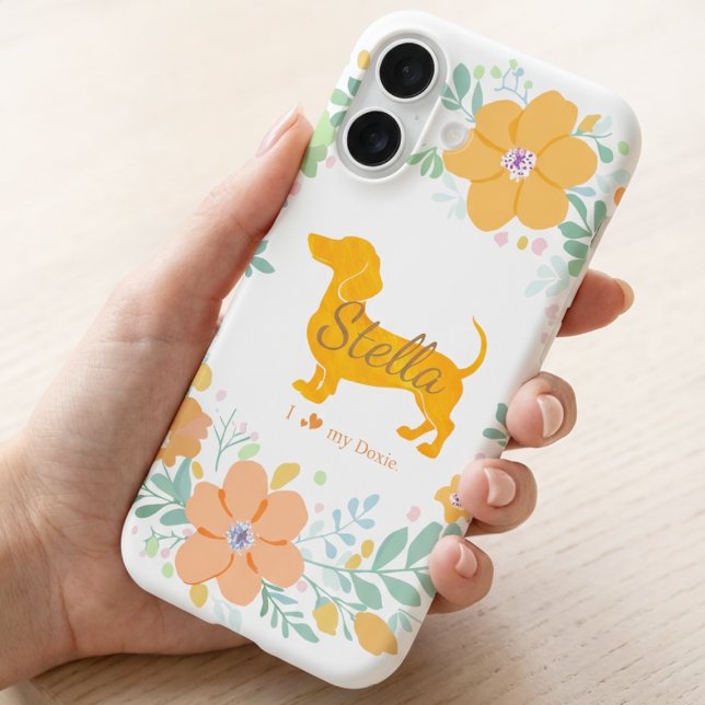Pastel Orange Dachshund with Flower – Custom Name iPhone 16 Case (Creator Uploaded)