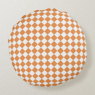 Pastel Orange Diamond Chequerboard pattern Round Cushion