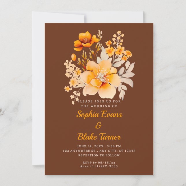 Pastel Orange Floral Bouquet Fall Brown Wedding Invitation (Front)