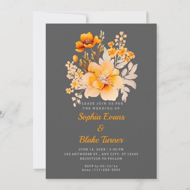 Pastel Orange Floral Bouquet Fall Grey Wedding Invitation (Front)