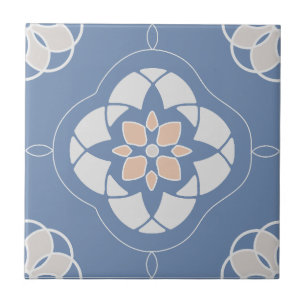 Pastel Orange Flower Pattern on Blue Tile