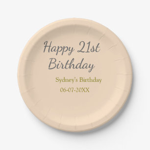 Pastel orange gray happy 21st birthday name date paper plate