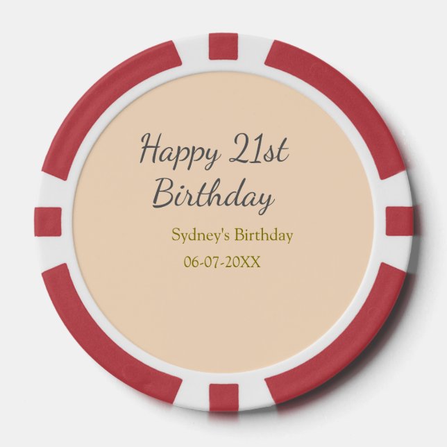 Pastel orange gray happy 21st birthday name date poker chips (Front)