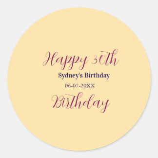 Pastel orange happy 30th birthday name date purple classic round sticker