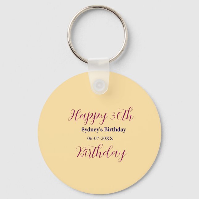Pastel orange happy 30th birthday name date purple key ring (Front)